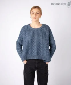 Womens Irish Knitwear|Womens Aran Fisherman Sweaters*Sweater Shop Cropped Aran Sweater Sea Spray Blue