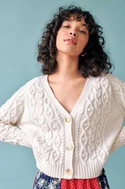 Designer Knitwear*Sweater Shop Cropped Cable Knit V Neck Cardigan Ivory