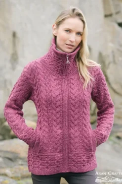 Womens Irish Knitwear|Ladies Cardigans*Sweater Shop Double Collar Zip Cardigan Berry