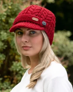 Aran Wool Hats*Sweater Shop Erin Peak Cable Knit Hat Red