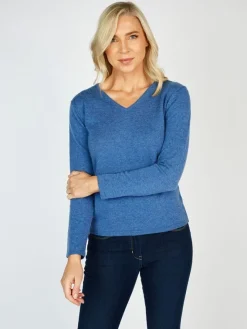 Womens Irish Knitwear|Cashmere And Merino Wool Sweaters*Sweater Shop Extra Fine Merino Wool & Cashmere V Neck Sweater Denim
