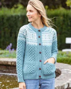 Ladies Cardigans*Sweater Shop Fairisle Merino Wool Cardigan Aqua