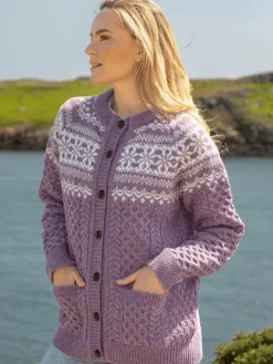 Ladies Cardigans*Sweater Shop Fairisle Merino Wool Cardigan Lavender