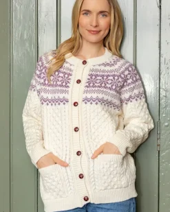 Womens Irish Knitwear|Ladies Cardigans*Sweater Shop Fairisle Merino Wool Cardigan - Natural