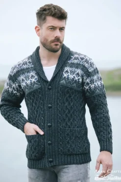 Mens Aran Cardigans|Mens Knitwear*Sweater Shop Fairisle Shawl Cardigan Charcoal