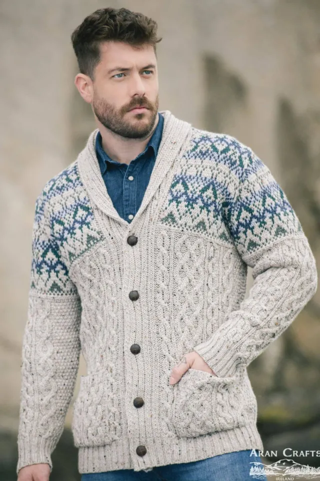 Mens Aran Cardigans|Mens Knitwear*Sweater Shop Fairisle Shawl Cardigan Oatmeal