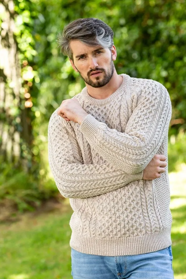 Mens Fisherman Sweaters*Sweater Shop Fisherman Aran Sweater Parsnip Merino Wool