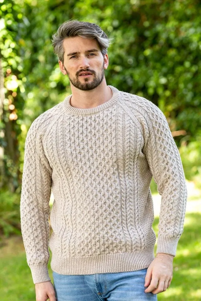 Mens Fisherman Sweaters*Sweater Shop Fisherman Aran Sweater Parsnip Merino Wool