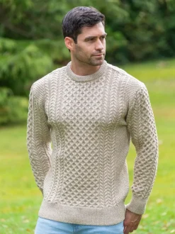 Mens Fisherman Sweaters*Sweater Shop Fisherman Aran Sweater Parsnip Merino Wool