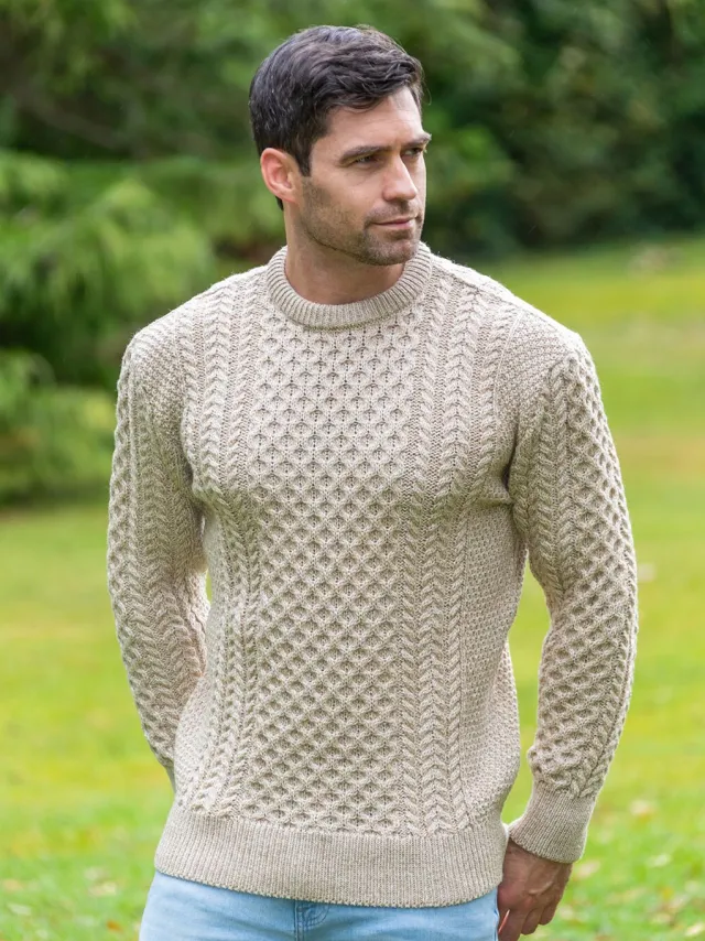 Mens Fisherman Sweaters*Sweater Shop Fisherman Aran Sweater Parsnip Merino Wool