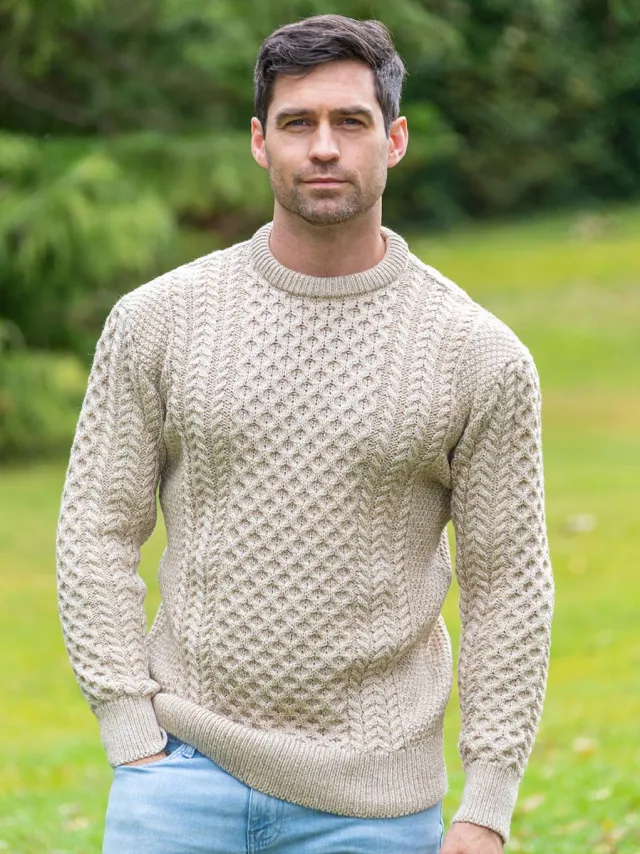 Mens Fisherman Sweaters*Sweater Shop Fisherman Aran Sweater Parsnip Merino Wool