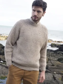 Mens Fisherman Sweaters|Mens Knitwear*Sweater Shop Fisherman Rib Crew Oatmeal Fleck