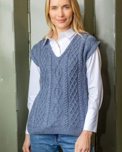 Womens Irish Knitwear*Sweater Shop Fitted Aran Vest Merino Wool - Blue