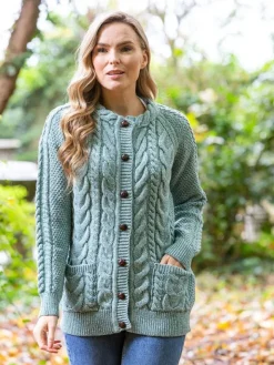 Womens Irish Knitwear|Ladies Cardigans*Sweater Shop Fitted Irish Aran Lumbar Cardigan Aqua
