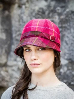 Aran Wool Hats*Sweater Shop Flapper Cap Pink Check - colour no. 223A One Size