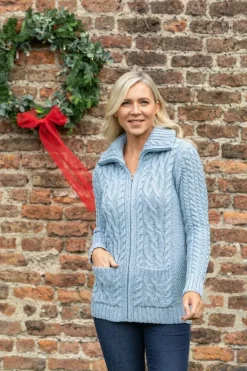 Womens Irish Knitwear*Sweater Shop Full Zip Aran Sweater Sky Blue
