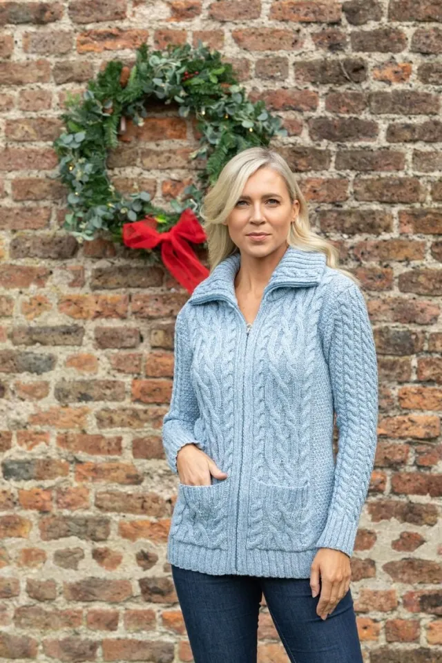 Womens Irish Knitwear*Sweater Shop Full Zip Aran Sweater Sky Blue