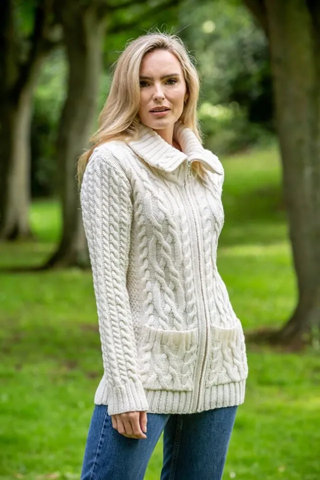 Womens Irish Knitwear|Ladies Cardigans*Sweater Shop Full Zip Fitted Aran Cardigan with large collar