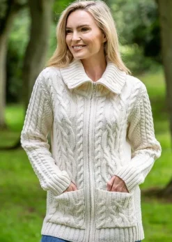Womens Irish Knitwear|Ladies Cardigans*Sweater Shop Full Zip Fitted Aran Cardigan with large collar