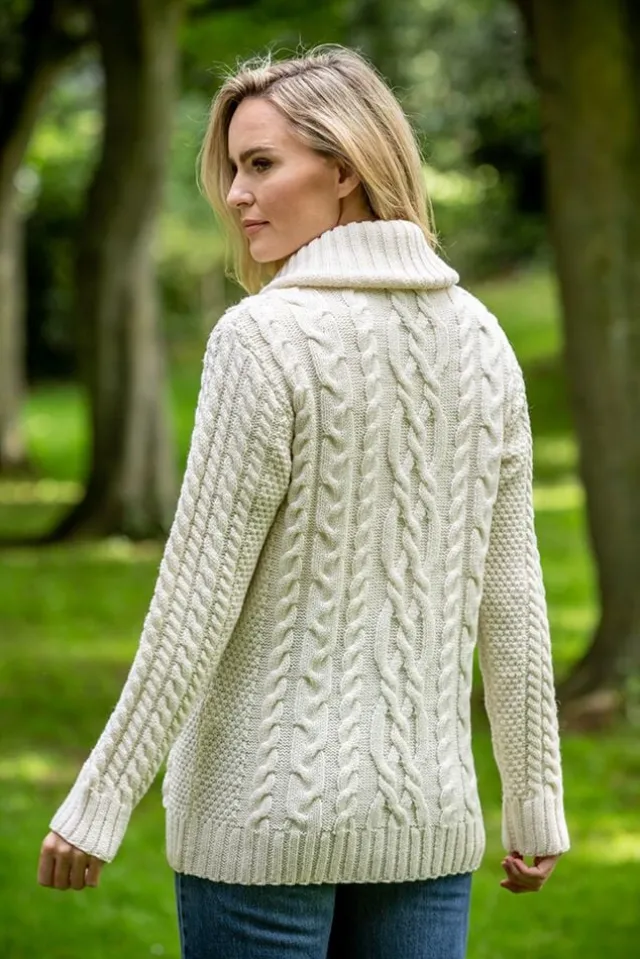 Womens Irish Knitwear|Ladies Cardigans*Sweater Shop Full Zip Fitted Aran Cardigan with large collar