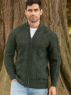 Mens Aran Cardigans|Mens Knitwear*Sweater Shop Full Zip Mens Aran Cardigan - Army Green