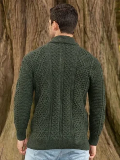 Mens Aran Cardigans|Mens Knitwear*Sweater Shop Full Zip Mens Aran Cardigan - Army Green