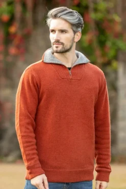 Mens Fisherman Sweaters|Mens Knitwear*Sweater Shop Half Zip Lambswool Sweater Russet