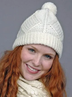 Aran Wool Hats|Ladies Hats*Sweater Shop Hand Knit Aran Hat with bobble Natural