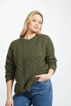 Womens Irish Knitwear|Womens Aran Fisherman Sweaters*Sweater Shop Handknit Green Aran Sweater Merino Wool