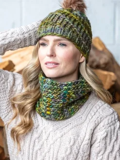 Aran Wool Hats|Ladies Merino Wool Scarves*Sweater Shop Handmade in Ireland - Snood and Bobble Hat Set - Green