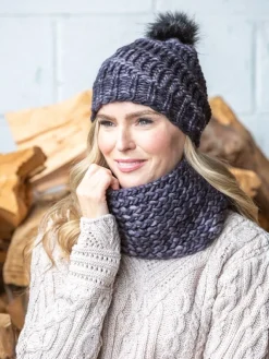 Aran Wool Hats|Ladies Merino Wool Scarves*Sweater Shop Handmade in Ireland - Snood and Bobble Hat Set - Grey