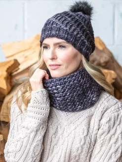 Aran Wool Hats|Ladies Merino Wool Scarves*Sweater Shop Handmade in Ireland - Snood and Bobble Hat Set - Grey