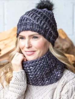 Aran Wool Hats|Ladies Merino Wool Scarves*Sweater Shop Handmade in Ireland - Snood and Bobble Hat Set - Grey