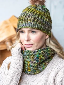 Aran Wool Hats|Ladies Hats*Sweater Shop Handmade in Ireland - Supersoft Hat with pom pom - green mix