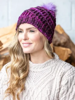 Aran Wool Hats|Ladies Hats*Sweater Shop Handmade in Ireland - Super Soft hat with pom pom- Purple