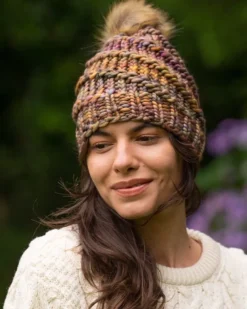 Aran Wool Hats*Sweater Shop Handmade in Ireland - Super Soft hat with pom pom - Autumn Mix