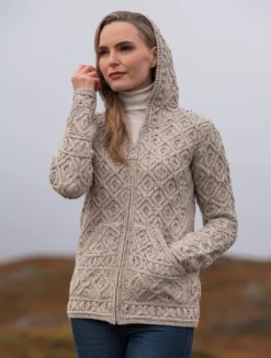 Womens Irish Knitwear|Ladies Cardigans*Sweater Shop Honeycomb Hooded Cardigan Oatmeal