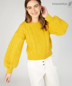 Womens Irish Knitwear|Womens Aran Fisherman Sweaters*Sweater Shop Honeysuckle Cropped Aran Sweater Sunflower