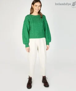 Womens Irish Knitwear|Womens Aran Fisherman Sweaters*Sweater Shop Honeysuckle Cropped Aran Sweater Green Marl