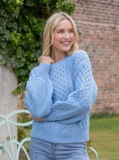 Womens Irish Knitwear|Womens Aran Fisherman Sweaters*Sweater Shop Honeysuckle Cropped Aran Sweater Morning Sky
