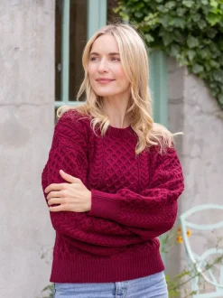 Womens Irish Knitwear|Womens Aran Fisherman Sweaters*Sweater Shop Honeysuckle Cropped Aran Sweater Claret