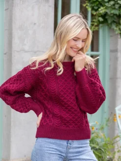 Womens Irish Knitwear|Womens Aran Fisherman Sweaters*Sweater Shop Honeysuckle Cropped Aran Sweater Claret