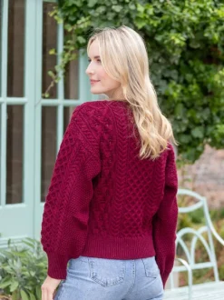 Womens Irish Knitwear|Womens Aran Fisherman Sweaters*Sweater Shop Honeysuckle Cropped Aran Sweater Claret