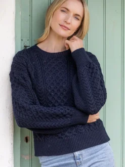 Womens Irish Knitwear|Womens Aran Fisherman Sweaters*Sweater Shop Honeysuckle Cropped Aran Sweater Navy