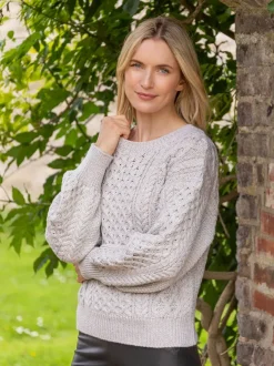 Womens Irish Knitwear|Womens Aran Fisherman Sweaters*Sweater Shop Honeysuckle Cropped Aran Sweater Silver Marl