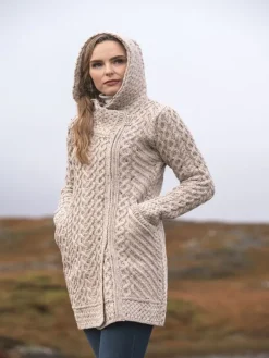 Womens Irish Knitwear|Ladies Cardigans*Sweater Shop Hooded Merino Wool Coat with Zip Oatmeal