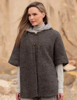 Womens Aran & Tweed Coats|Ladies Aran Ponchos & Capes*Sweater Shop Hooded Tweed Cape - Charcoal
