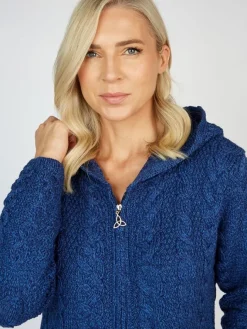 Womens Aran & Tweed Coats|Womens Irish Knitwear*Sweater Shop Hooded Zip Coat - Blue Marl