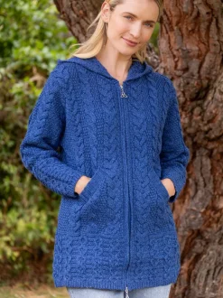 Womens Aran & Tweed Coats|Womens Irish Knitwear*Sweater Shop Hooded Zip Coat - Blue Marl