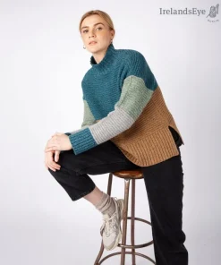 Womens Irish Knitwear|Womens Aran Fisherman Sweaters*Sweater Shop IrelandsEye Knitwear Iris Contrast Panel Funnel Neck Sweater Seaspray Biscuit